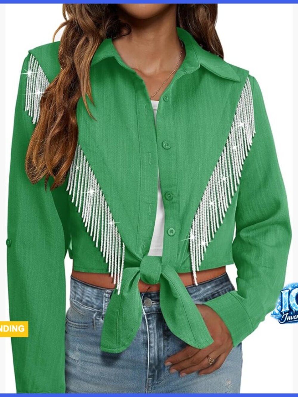 Sparkly Fringe Cropped Button Down Shirt Rolled 3/4 Sleeve Tie Front Top